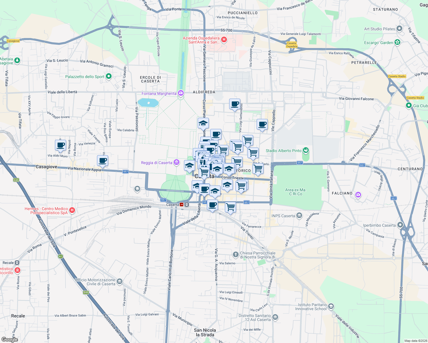 map of restaurants, bars, coffee shops, grocery stores, and more near 21 Via Sant'Agostino in Caserta