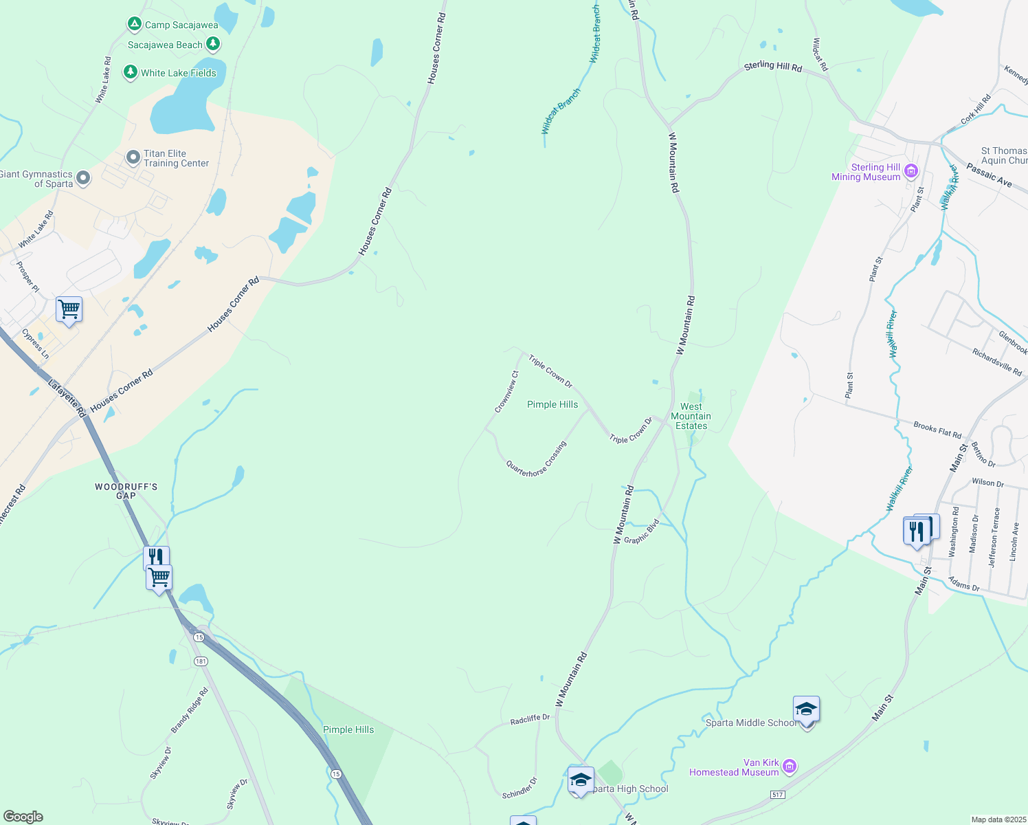 map of restaurants, bars, coffee shops, grocery stores, and more near 9 Crownview Court in Sparta