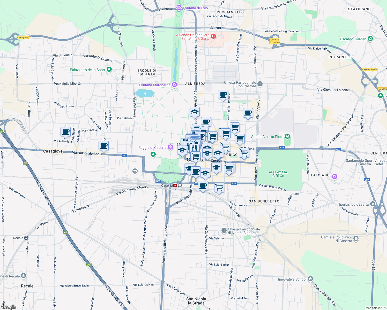 map of restaurants, bars, coffee shops, grocery stores, and more near in Caserta