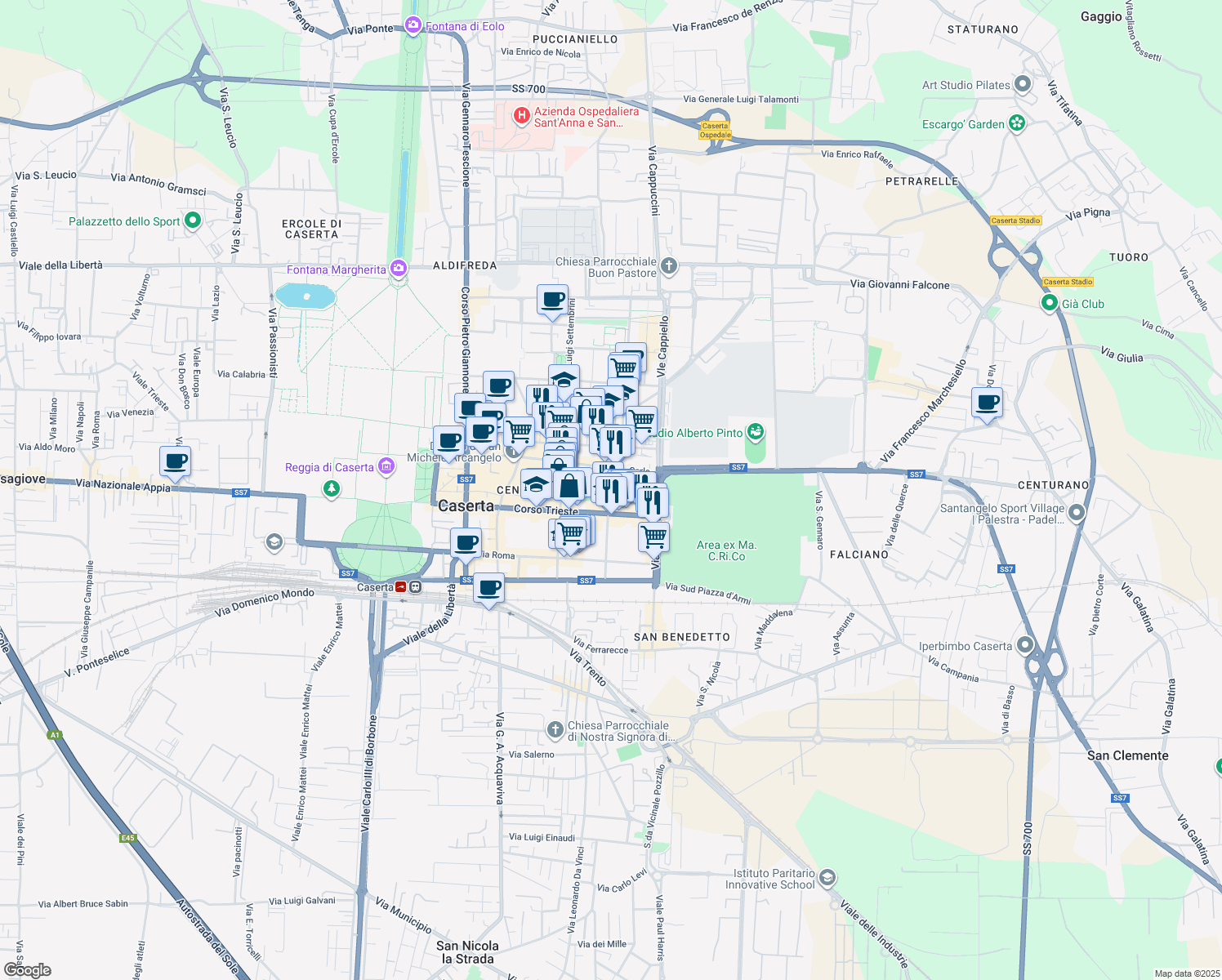 map of restaurants, bars, coffee shops, grocery stores, and more near 19 Via Galileo Galilei in Caserta