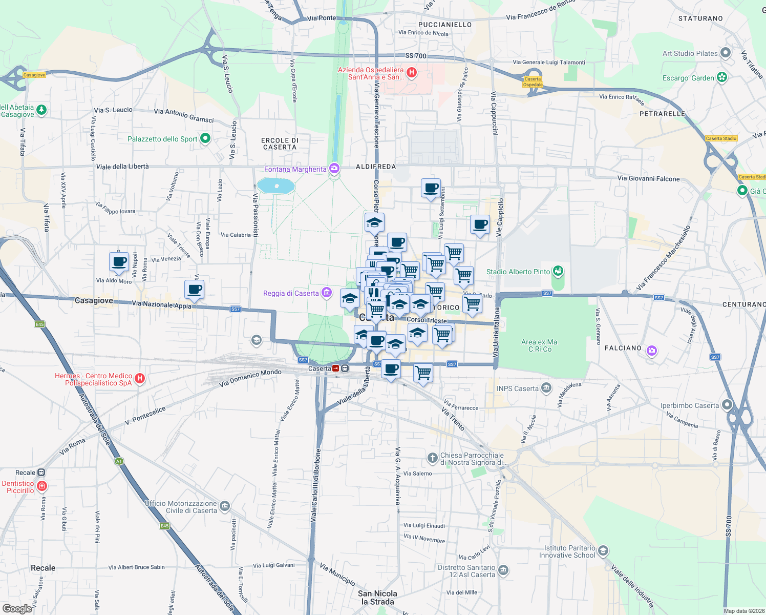 map of restaurants, bars, coffee shops, grocery stores, and more near 21 Via Sant'Agostino in Caserta