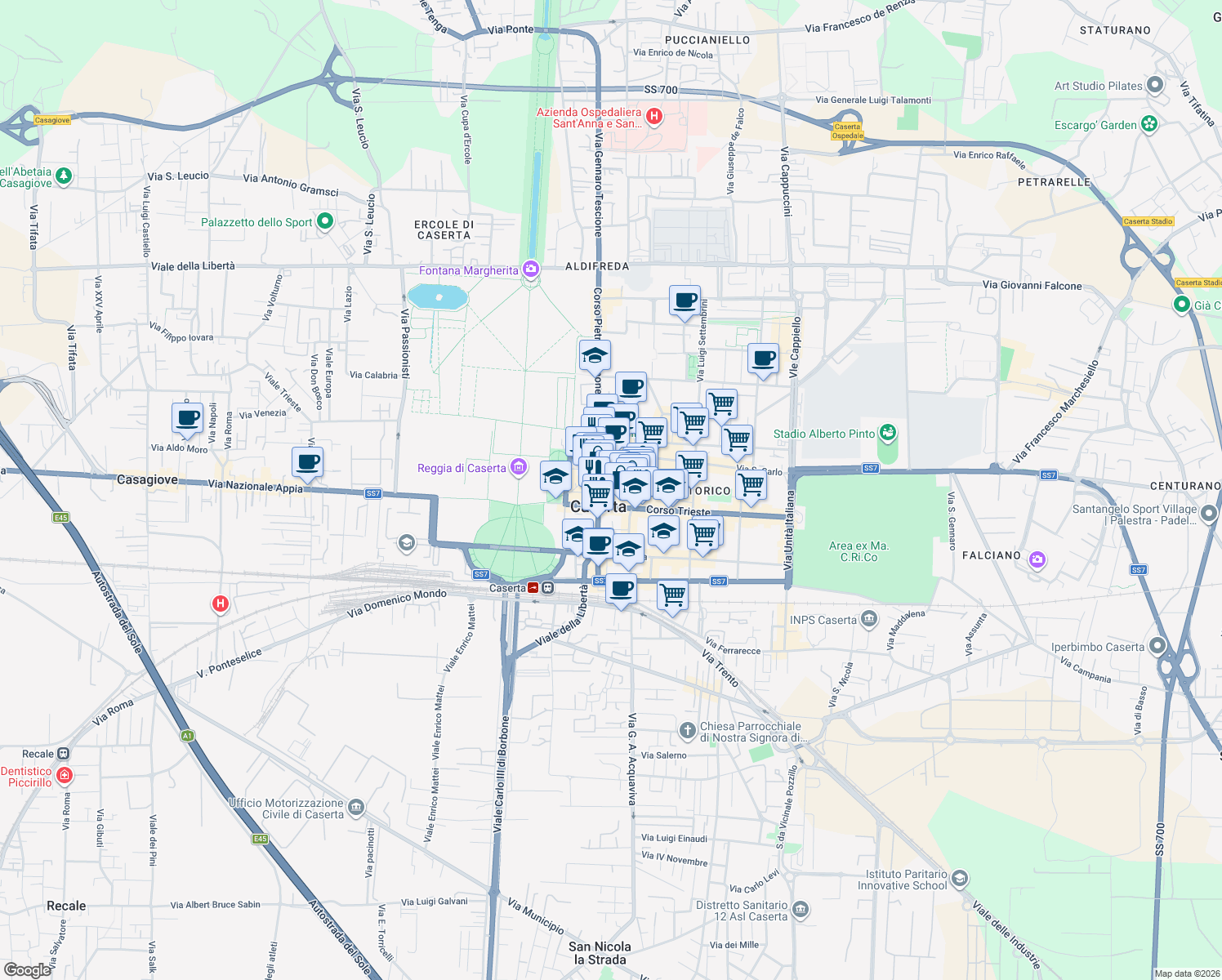 map of restaurants, bars, coffee shops, grocery stores, and more near 21 Via Sant'Agostino in Caserta