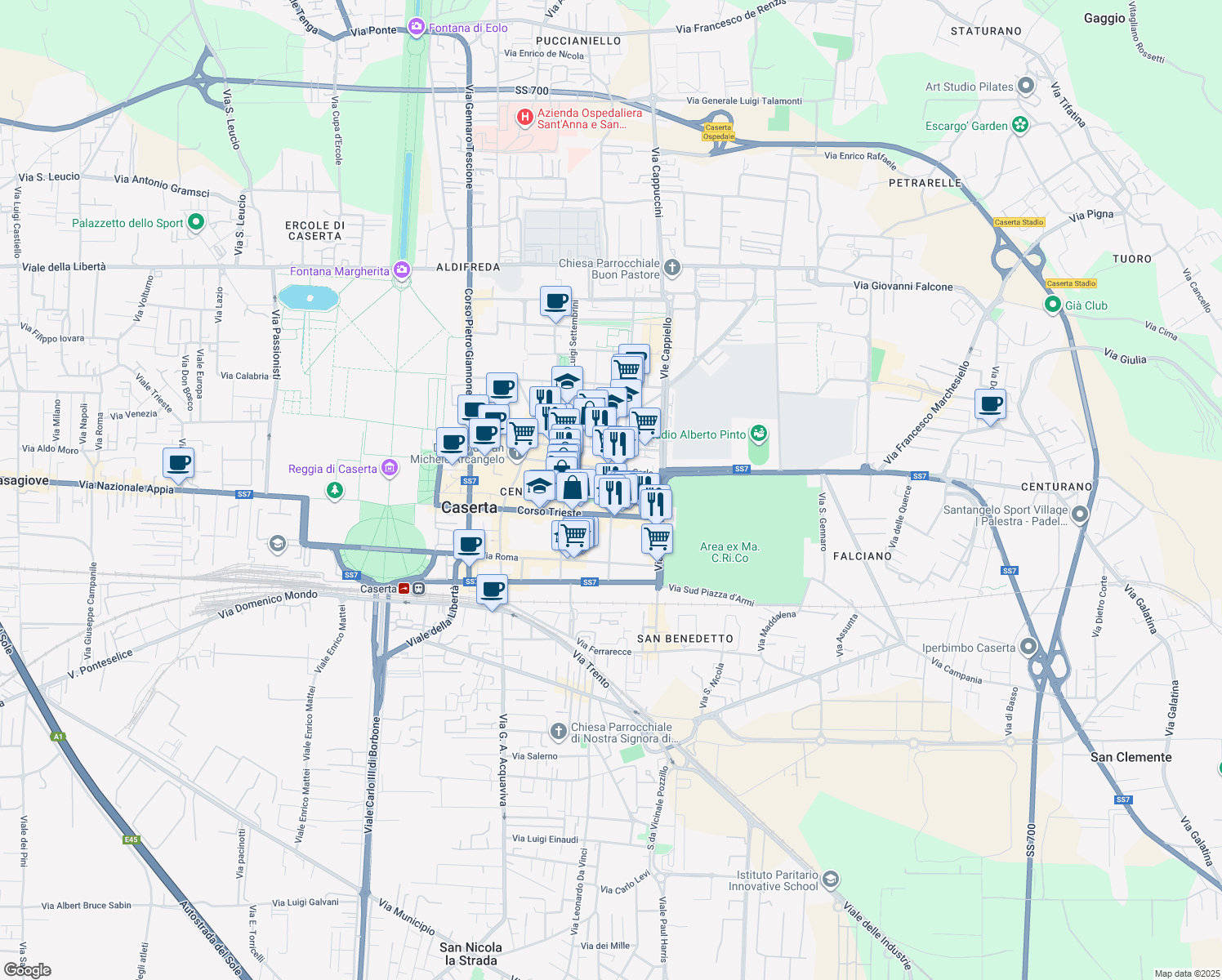 map of restaurants, bars, coffee shops, grocery stores, and more near 19 Via Galileo Galilei in Caserta