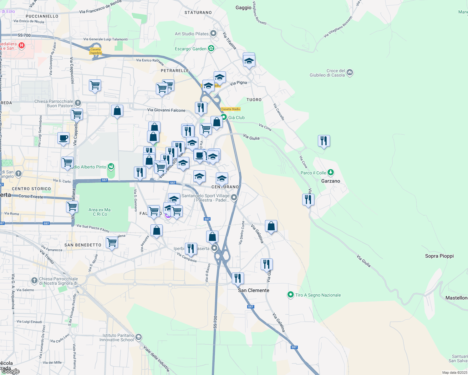 map of restaurants, bars, coffee shops, grocery stores, and more near 35 Via Montagna in Caserta