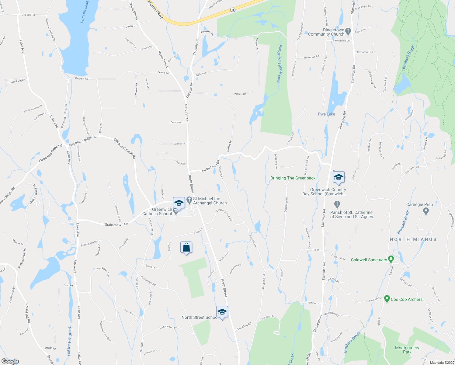 map of restaurants, bars, coffee shops, grocery stores, and more near 73 Sawmill Lane in Greenwich