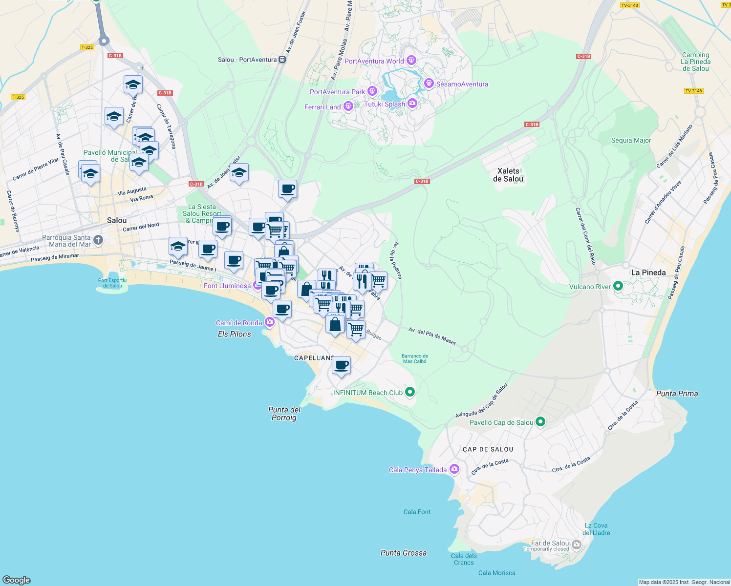 map of restaurants, bars, coffee shops, grocery stores, and more near 15 Carrer del Priorat in Salou