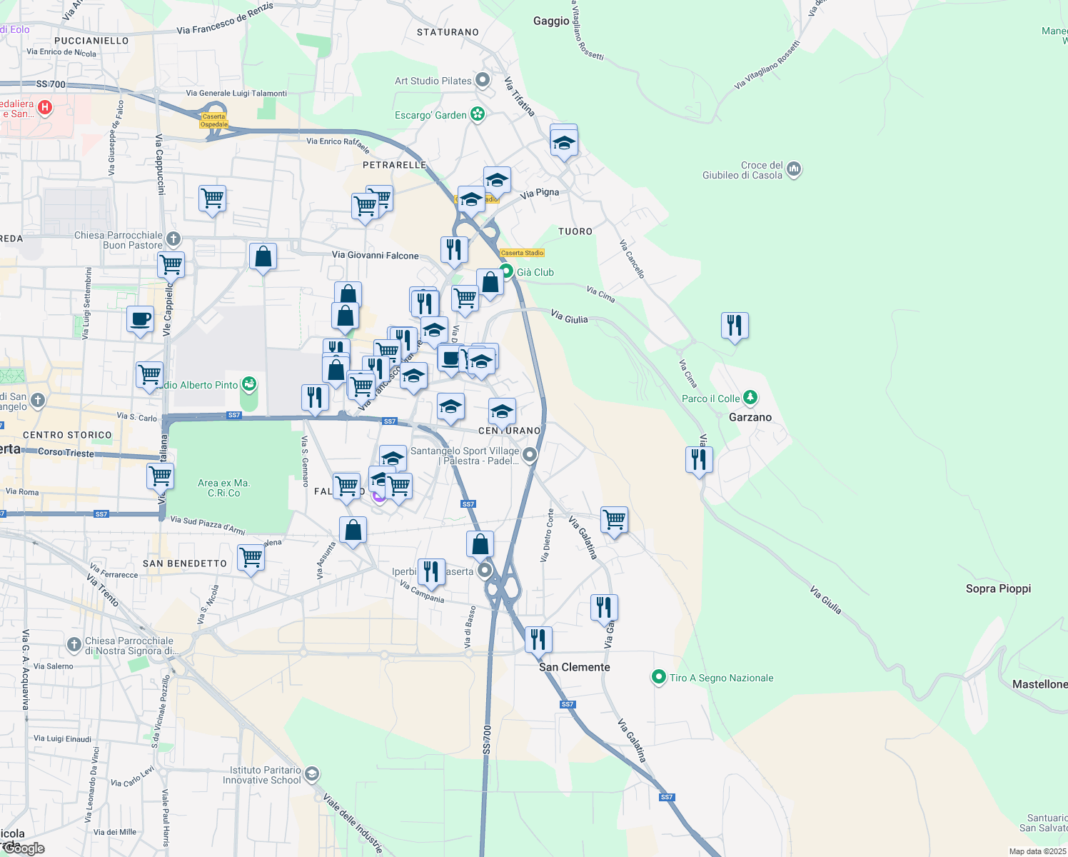map of restaurants, bars, coffee shops, grocery stores, and more near 35 Via Montagna in Caserta