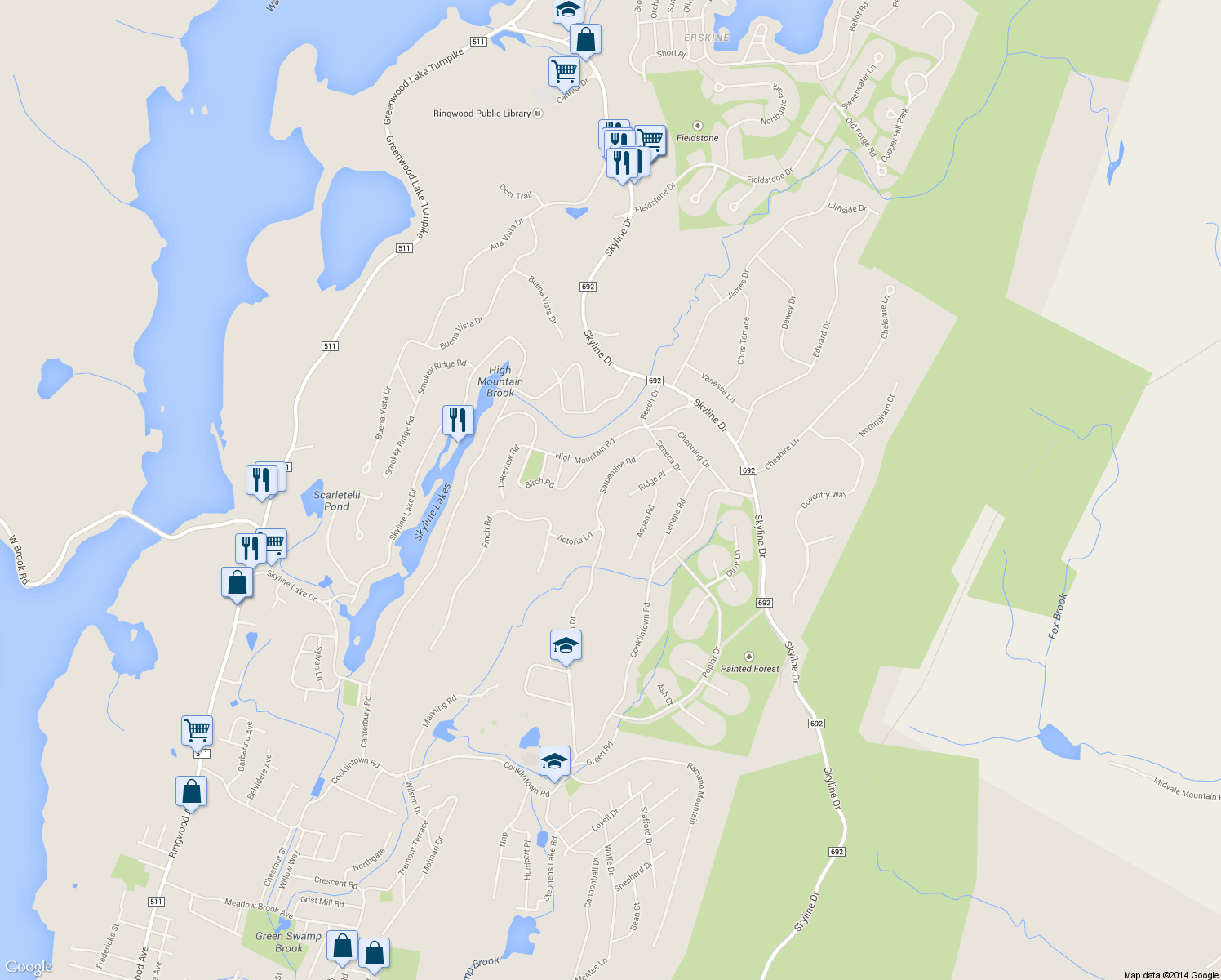 map of restaurants, bars, coffee shops, grocery stores, and more near 44 Serpentine Road in Ringwood