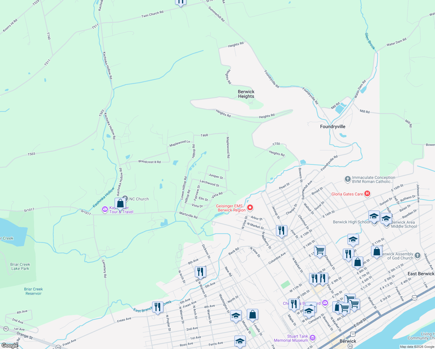 map of restaurants, bars, coffee shops, grocery stores, and more near 23 Juniper St in Berwick