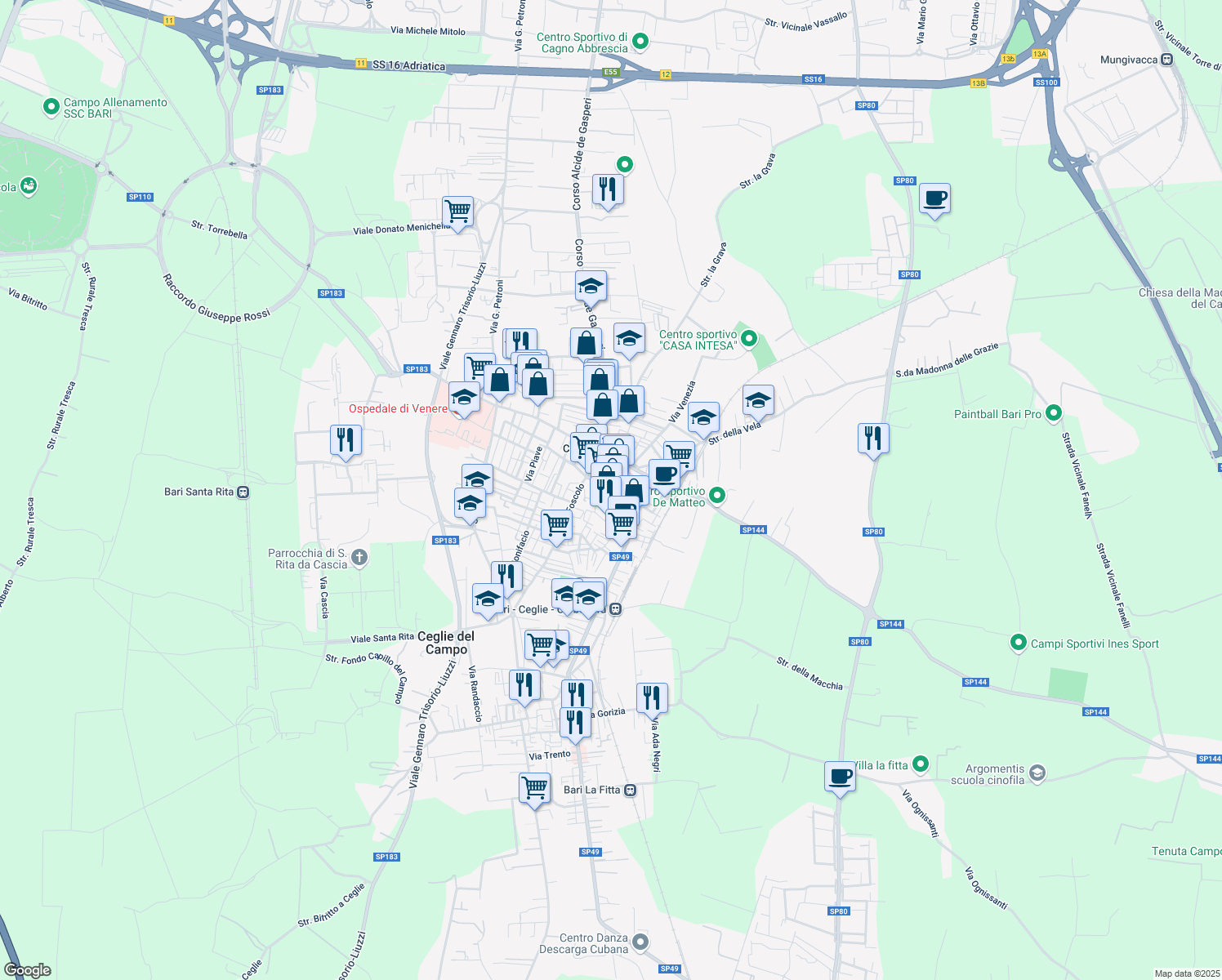 map of restaurants, bars, coffee shops, grocery stores, and more near 1 Via di Carbonara Duomo in Bari