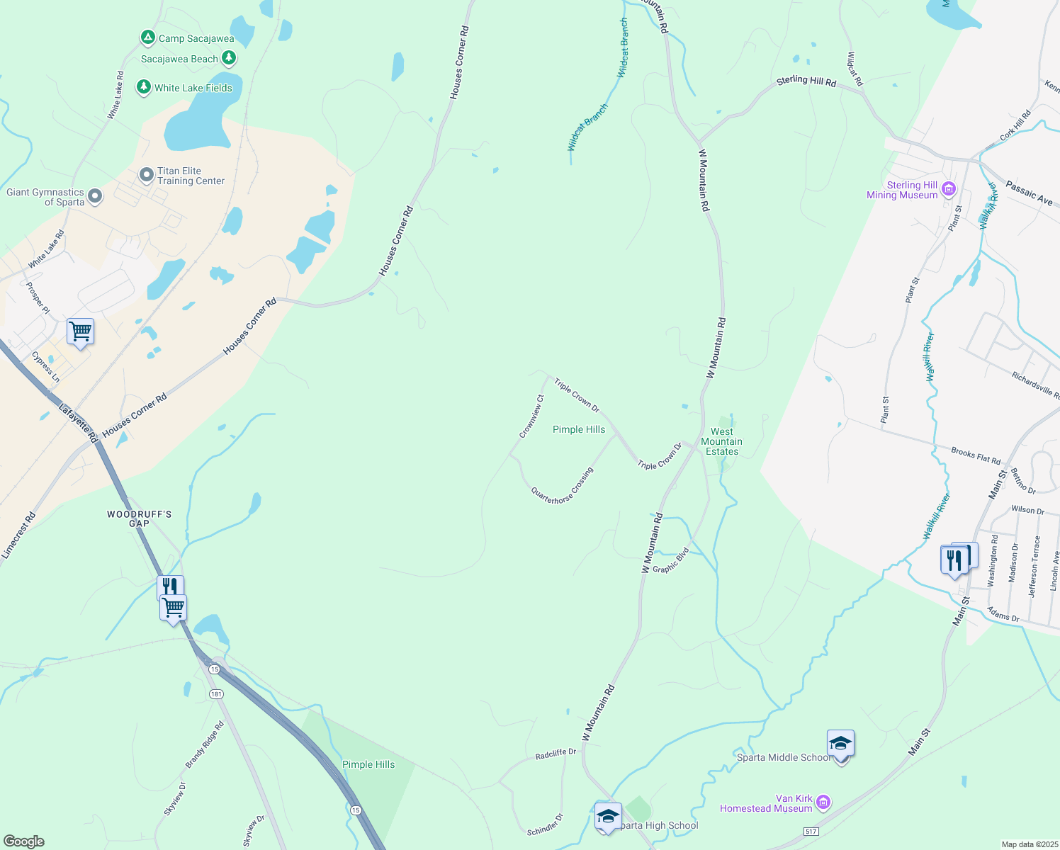 map of restaurants, bars, coffee shops, grocery stores, and more near 9 Crownview Court in Sparta