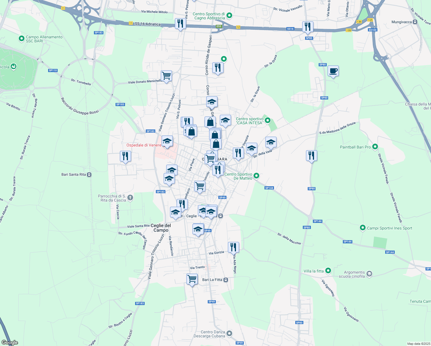 map of restaurants, bars, coffee shops, grocery stores, and more near 1 Via di Carbonara Duomo in Bari