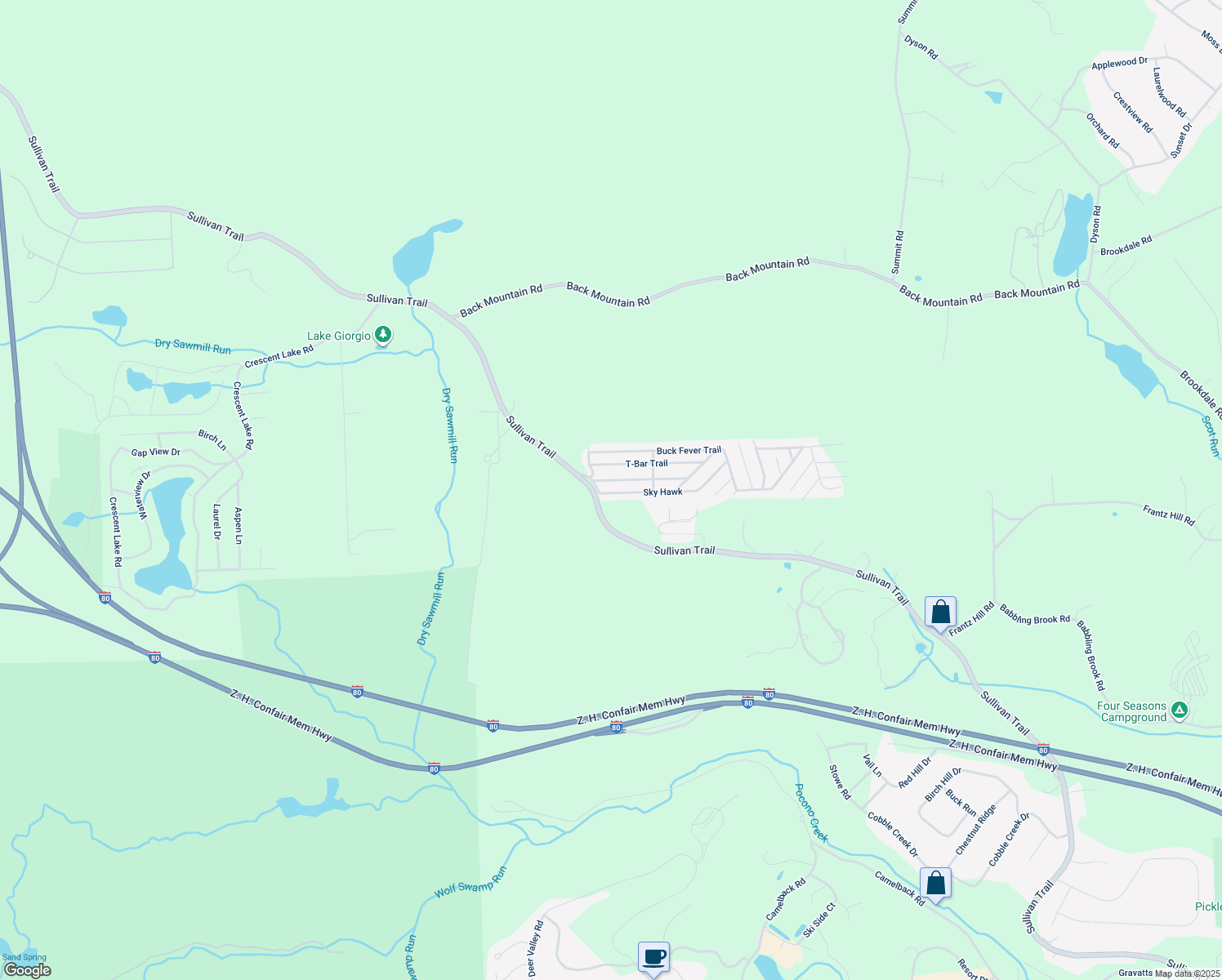 map of restaurants, bars, coffee shops, grocery stores, and more near 115 Sky Hawk in Monroe County