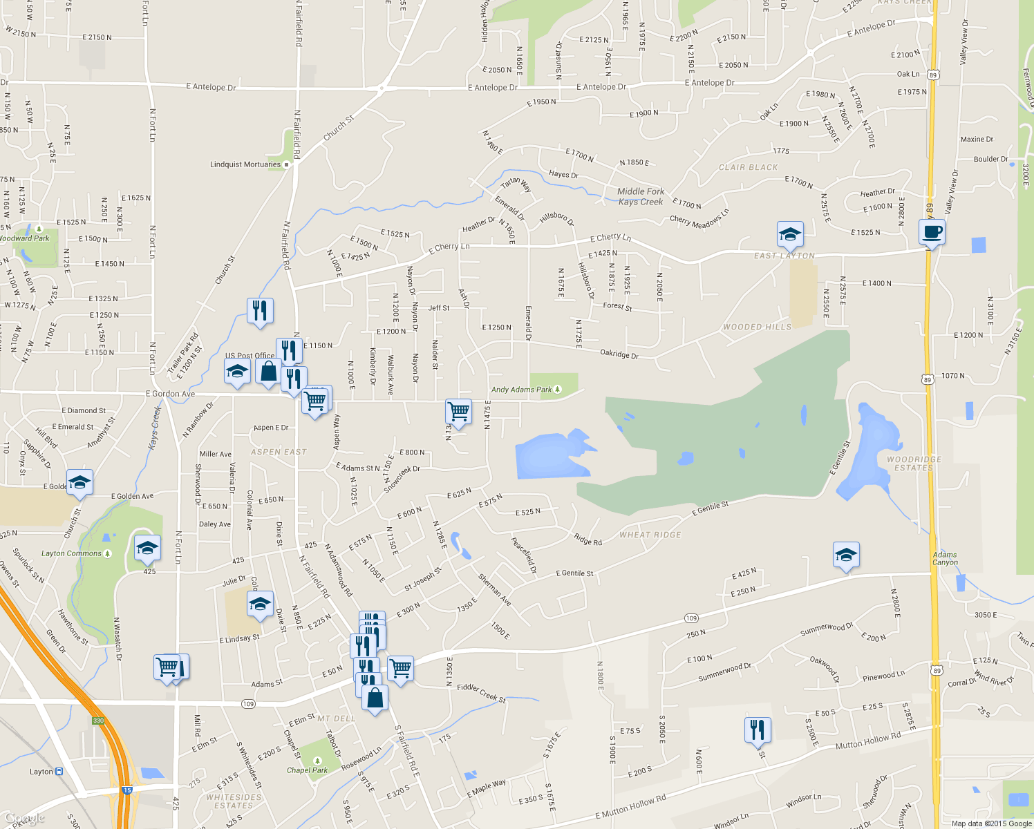 map of restaurants, bars, coffee shops, grocery stores, and more near 1545 East 975 North in Layton