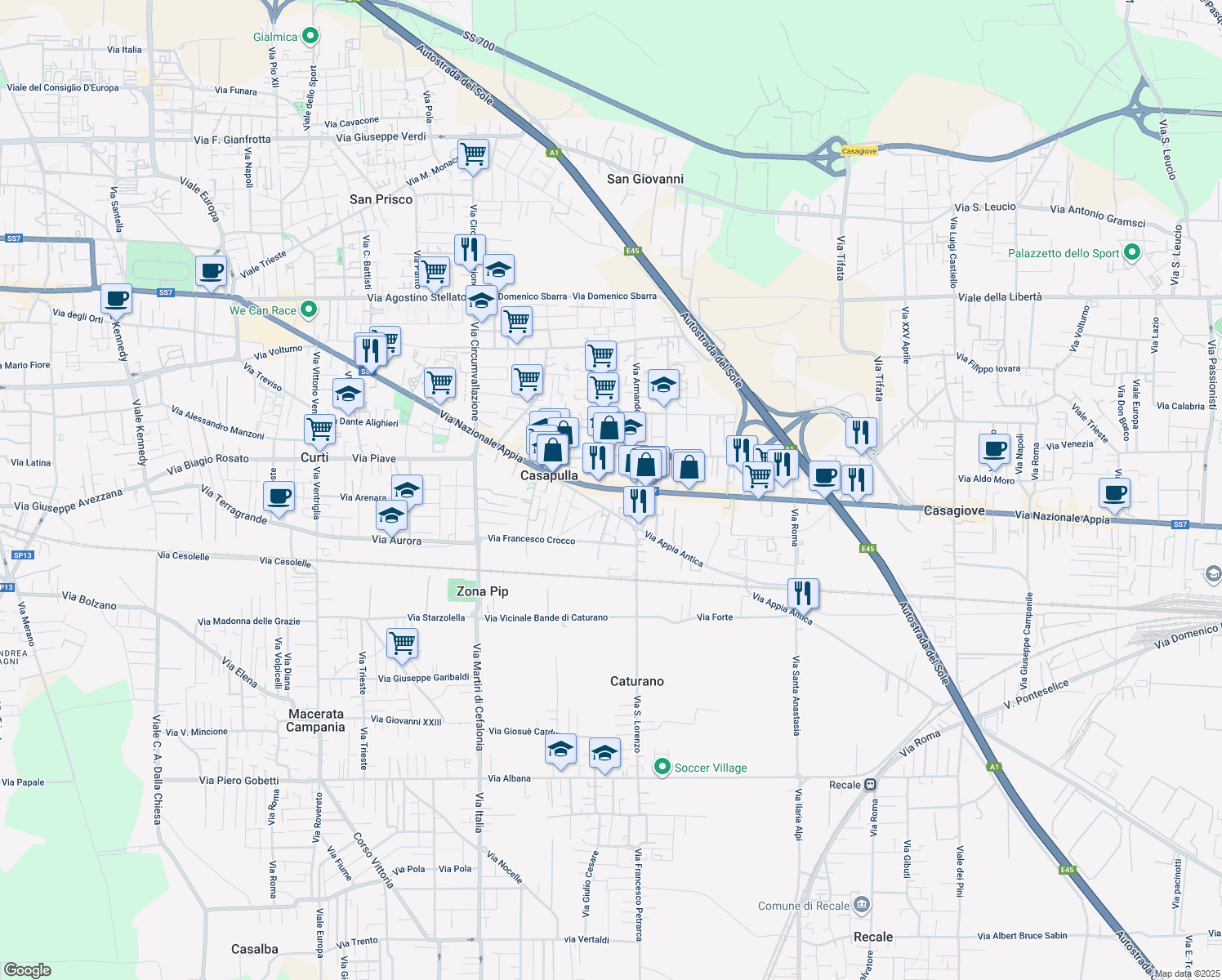 map of restaurants, bars, coffee shops, grocery stores, and more near 298 Via Nazionale Appia in Casapulla