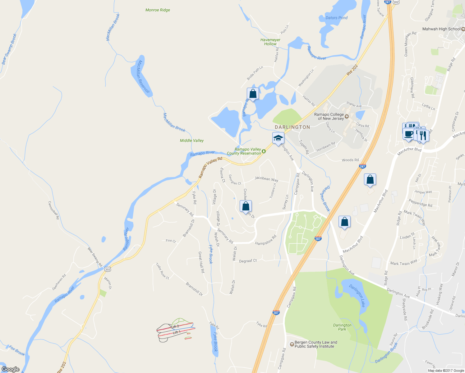 map of restaurants, bars, coffee shops, grocery stores, and more near 54 Georgian Court in Mahwah