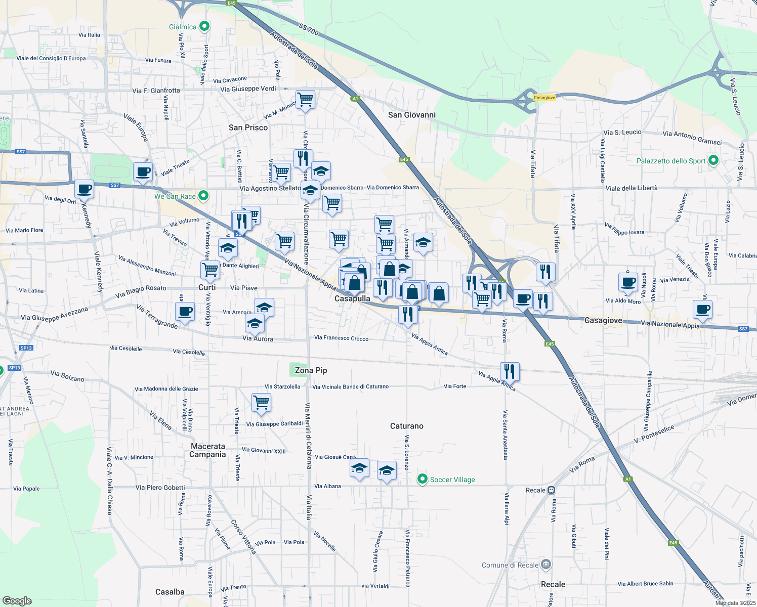 map of restaurants, bars, coffee shops, grocery stores, and more near 298 Via Naz. Appia in Casapulla