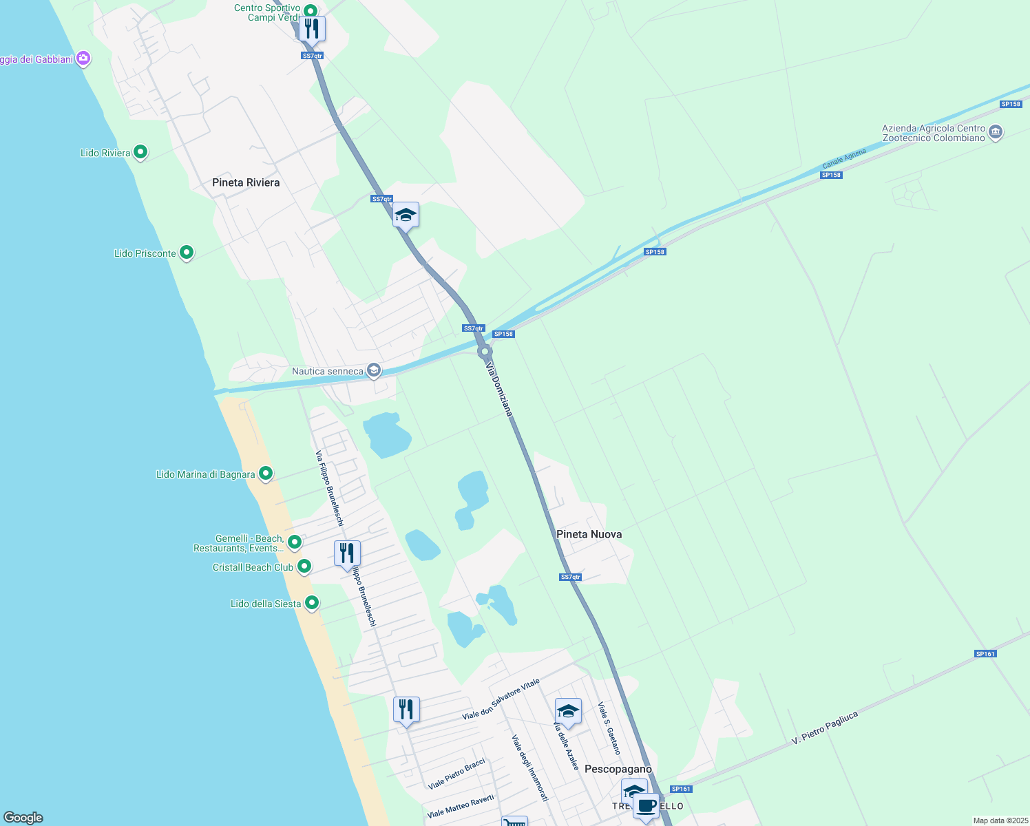 map of restaurants, bars, coffee shops, grocery stores, and more near 84 Via Domiziana in Provincia di Caserta