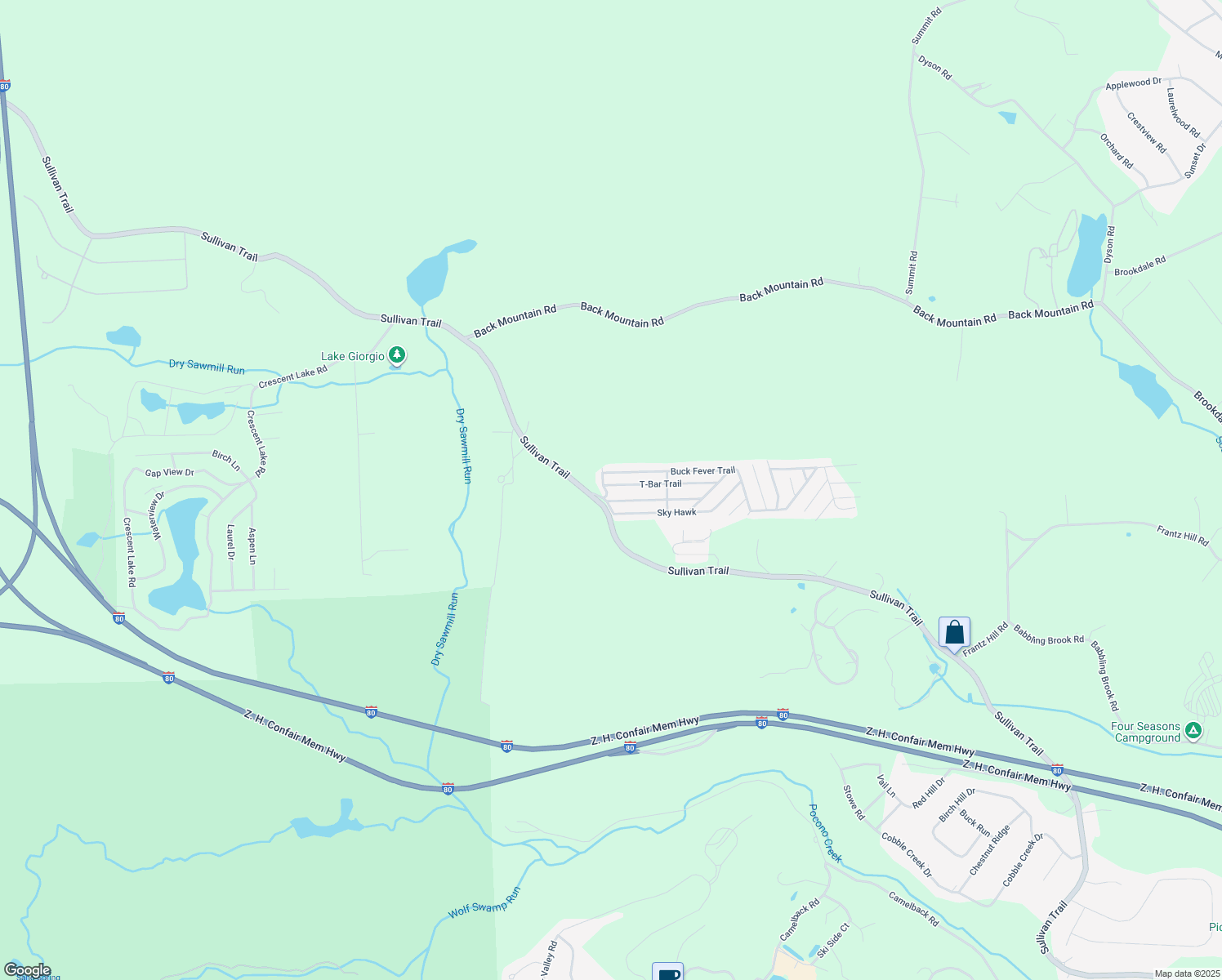 map of restaurants, bars, coffee shops, grocery stores, and more near 106 T-Bar Trail in Monroe County