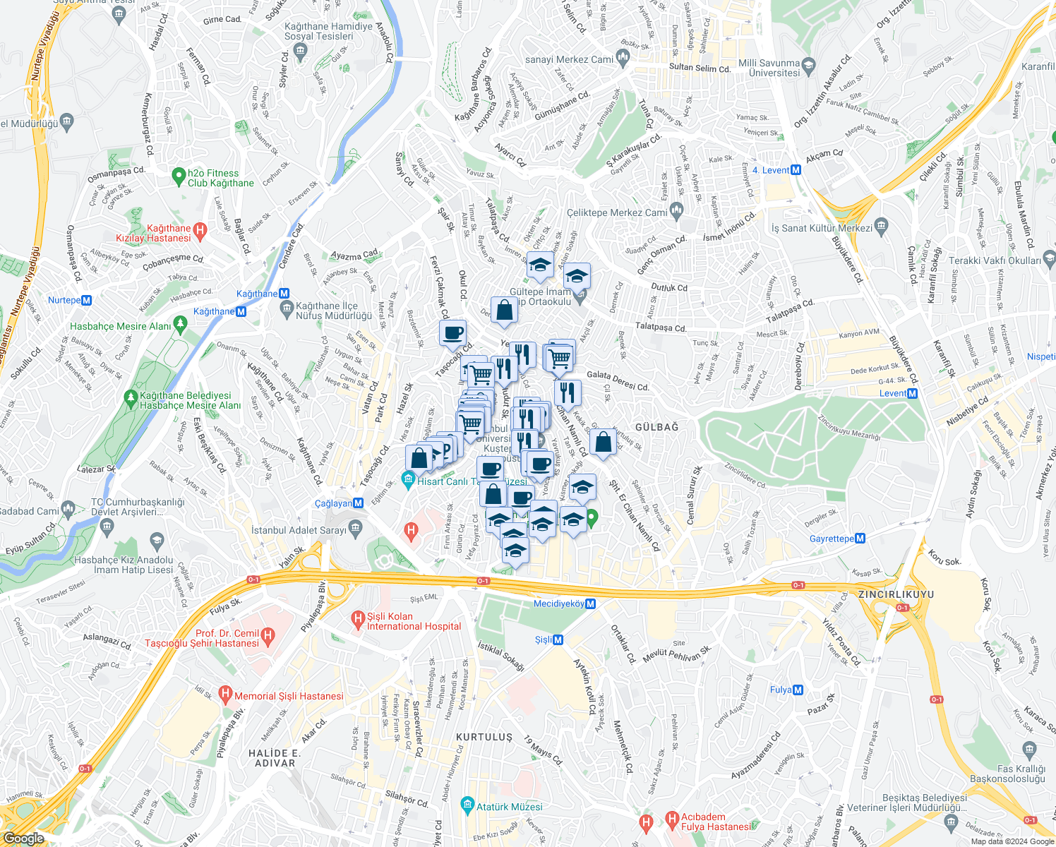 map of restaurants, bars, coffee shops, grocery stores, and more near İnönü Caddesi in Şişli
