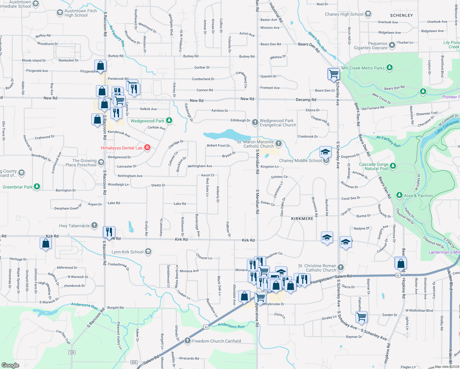 map of restaurants, bars, coffee shops, grocery stores, and more near 2445 Vollmer Dr in Youngstown