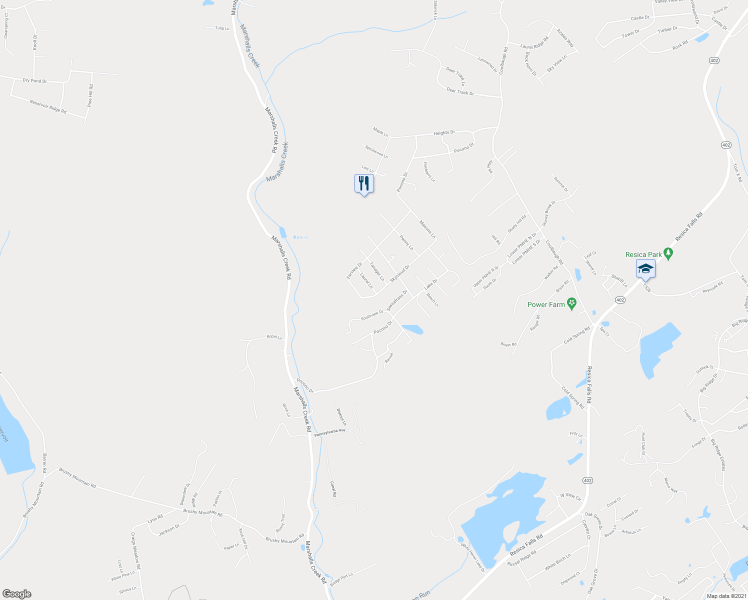 map of restaurants, bars, coffee shops, grocery stores, and more near 3477 Farview Drive in East Stroudsburg