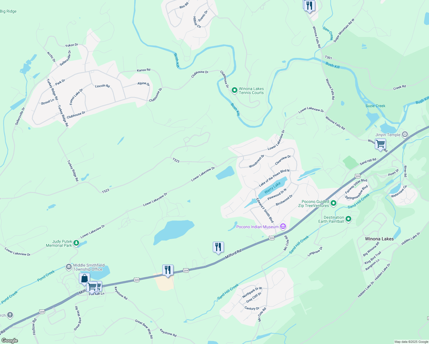 map of restaurants, bars, coffee shops, grocery stores, and more near 288 Lower Lakeview Drive in East Stroudsburg