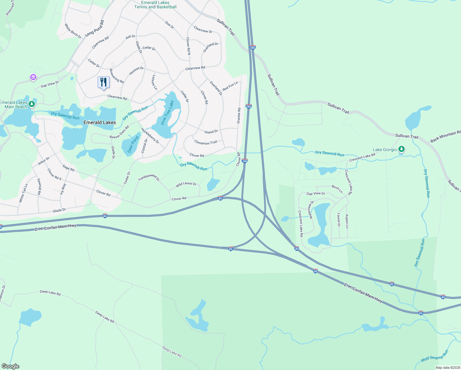map of restaurants, bars, coffee shops, grocery stores, and more near 5828 Clover Rd in Long Pond