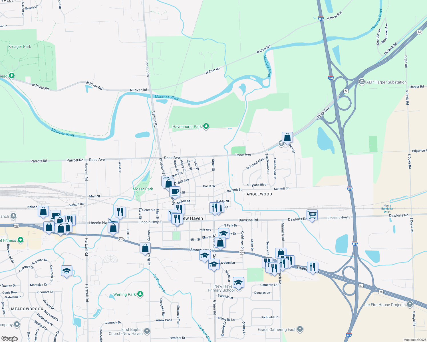 map of restaurants, bars, coffee shops, grocery stores, and more near 301 Green St in New Haven