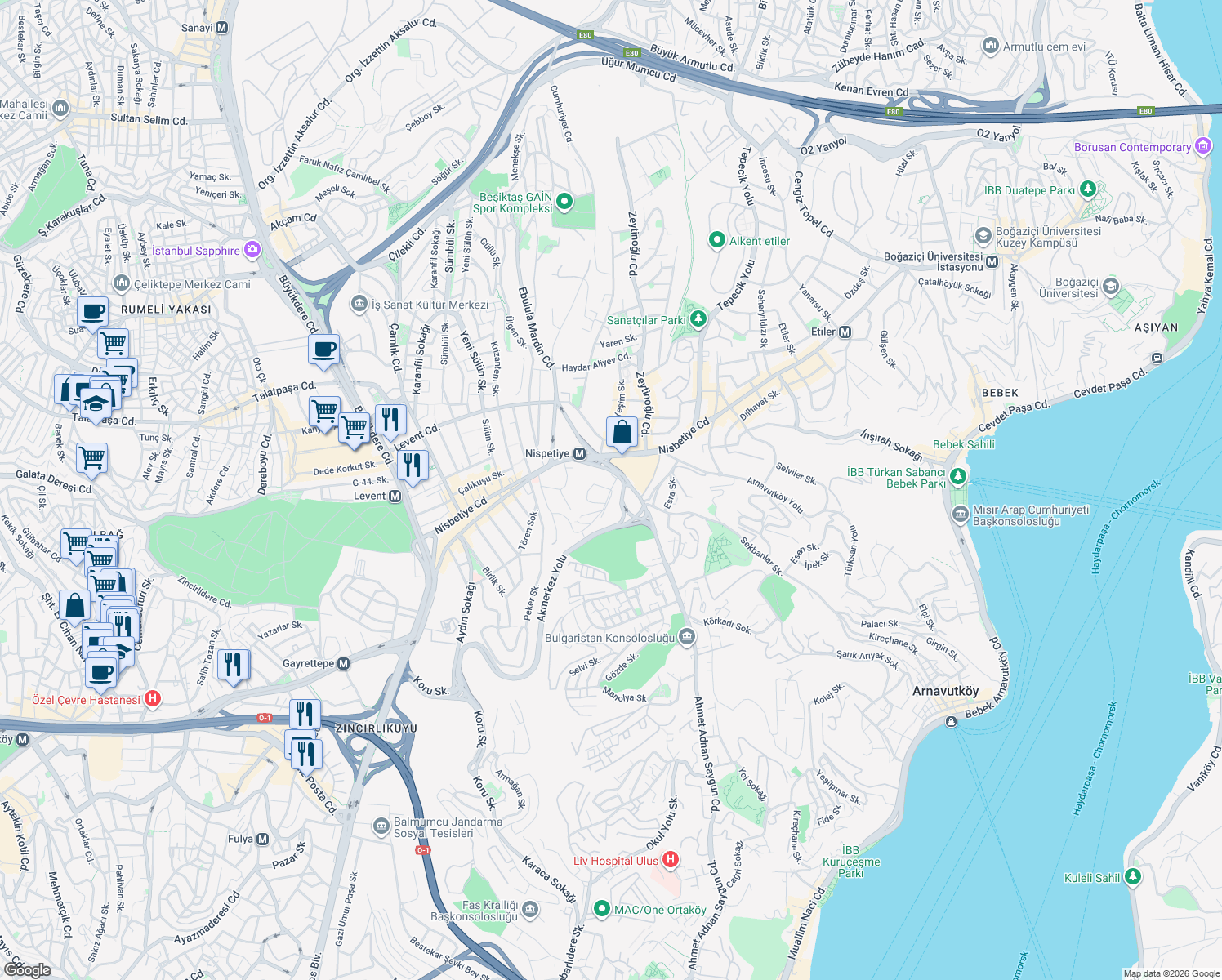 map of restaurants, bars, coffee shops, grocery stores, and more near Nisbetiye Cd in Beşiktaş