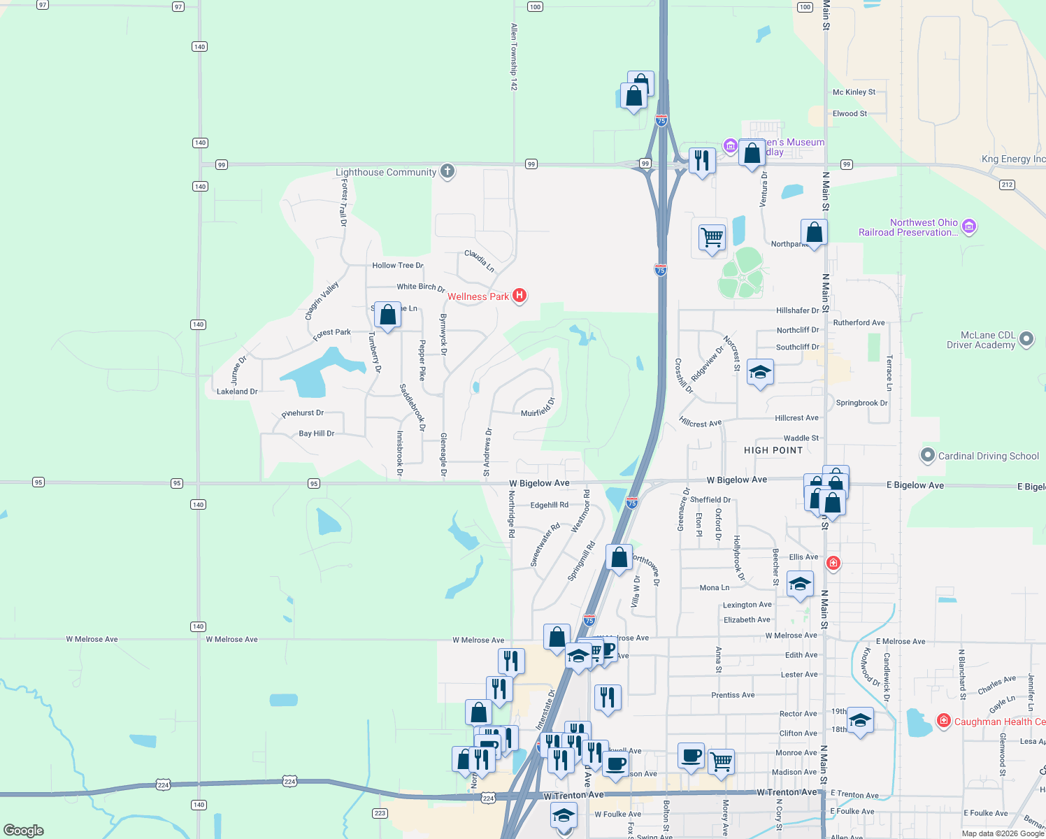 map of restaurants, bars, coffee shops, grocery stores, and more near 1105 Muirfield Dr in Findlay