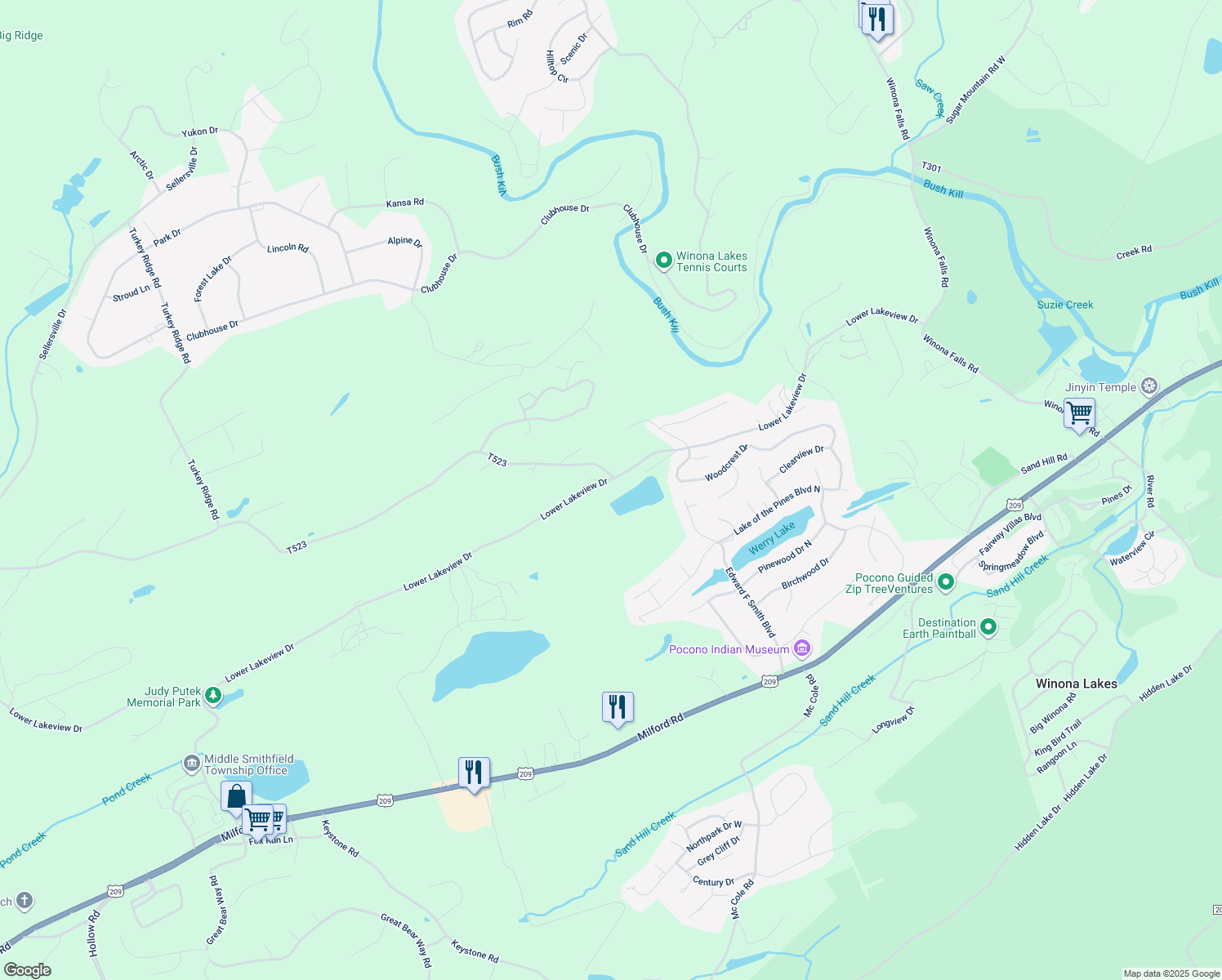 map of restaurants, bars, coffee shops, grocery stores, and more near 288 Lower Lakeview Drive in East Stroudsburg