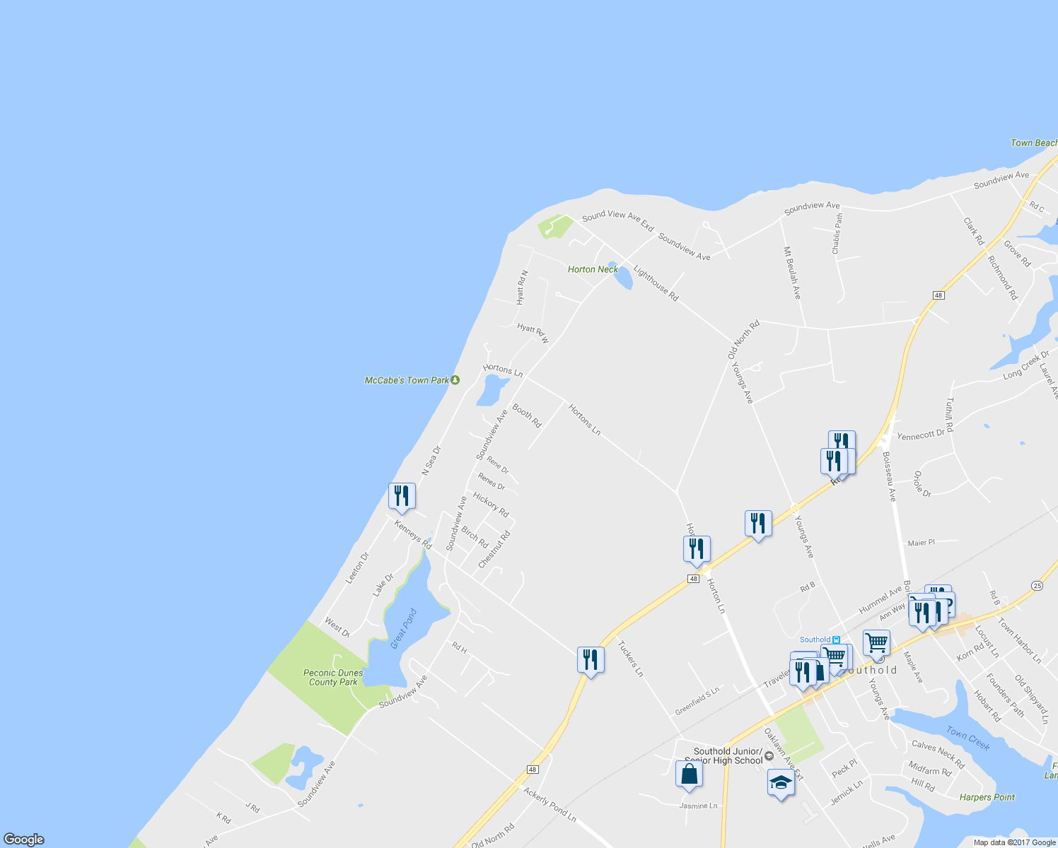 map of restaurants, bars, coffee shops, grocery stores, and more near 135 Booth Road in Southold