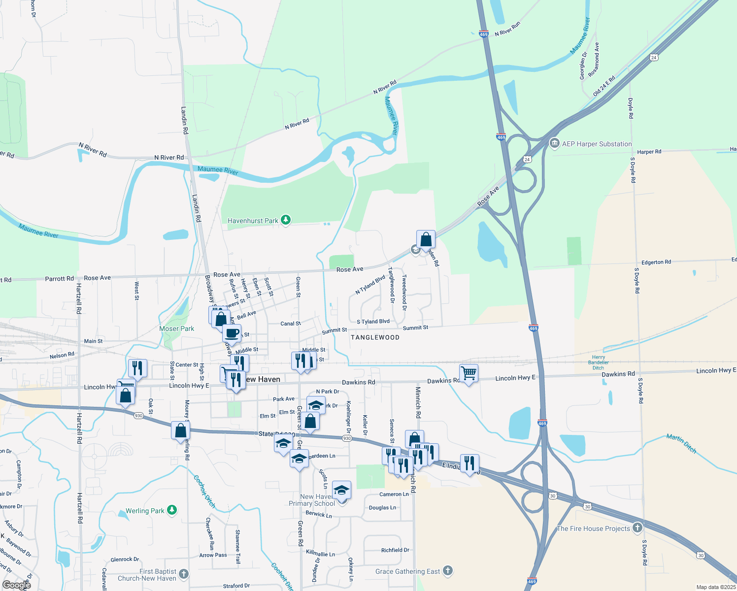 map of restaurants, bars, coffee shops, grocery stores, and more near 312 Tylar Pkwy in New Haven