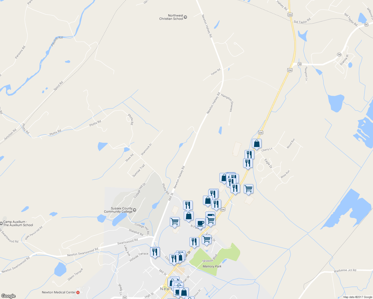 map of restaurants, bars, coffee shops, grocery stores, and more near 20 County Road 519 in Newton