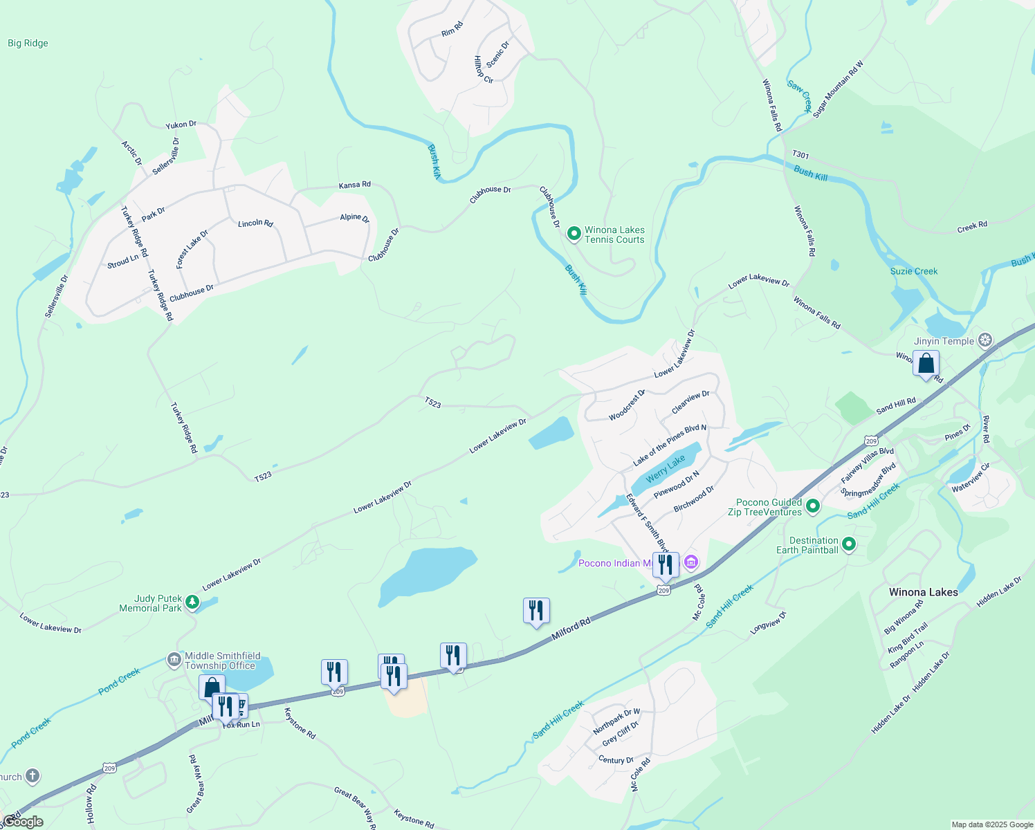 map of restaurants, bars, coffee shops, grocery stores, and more near 276 Upper Lakeview Drive in East Stroudsburg