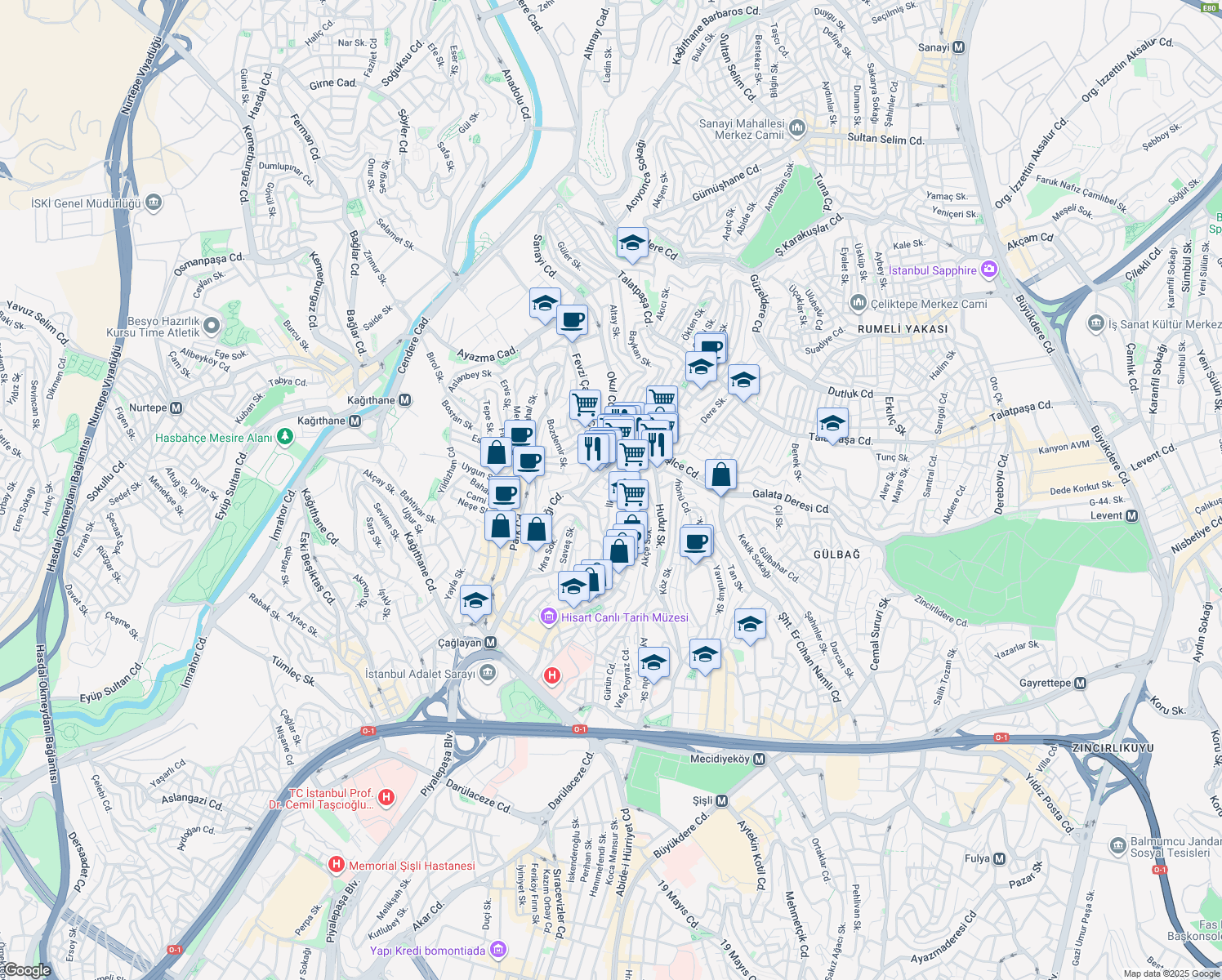 map of restaurants, bars, coffee shops, grocery stores, and more near 21-23 Akasya Sokak in Kâğıthane