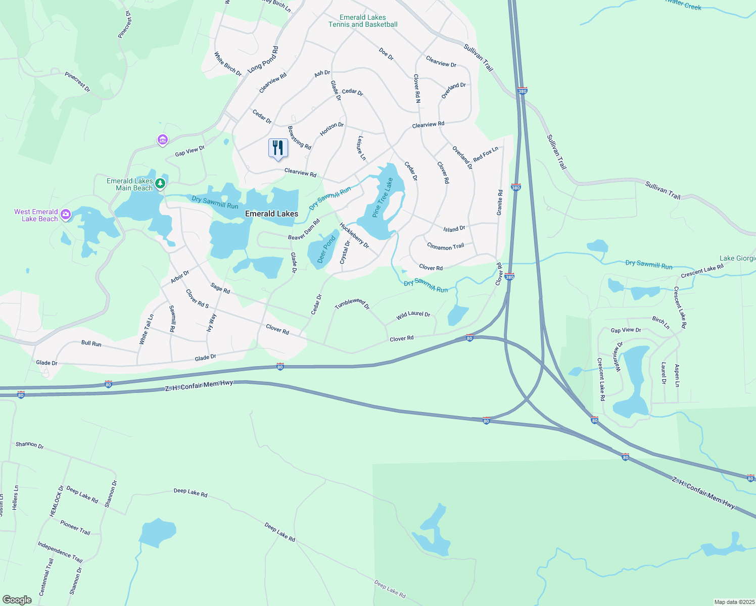 map of restaurants, bars, coffee shops, grocery stores, and more near 123 Lower Deer Lake Court in Long Pond