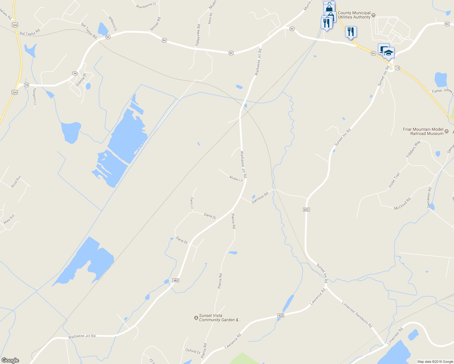 map of restaurants, bars, coffee shops, grocery stores, and more near 15 Mullen Lane in Lafayette Township