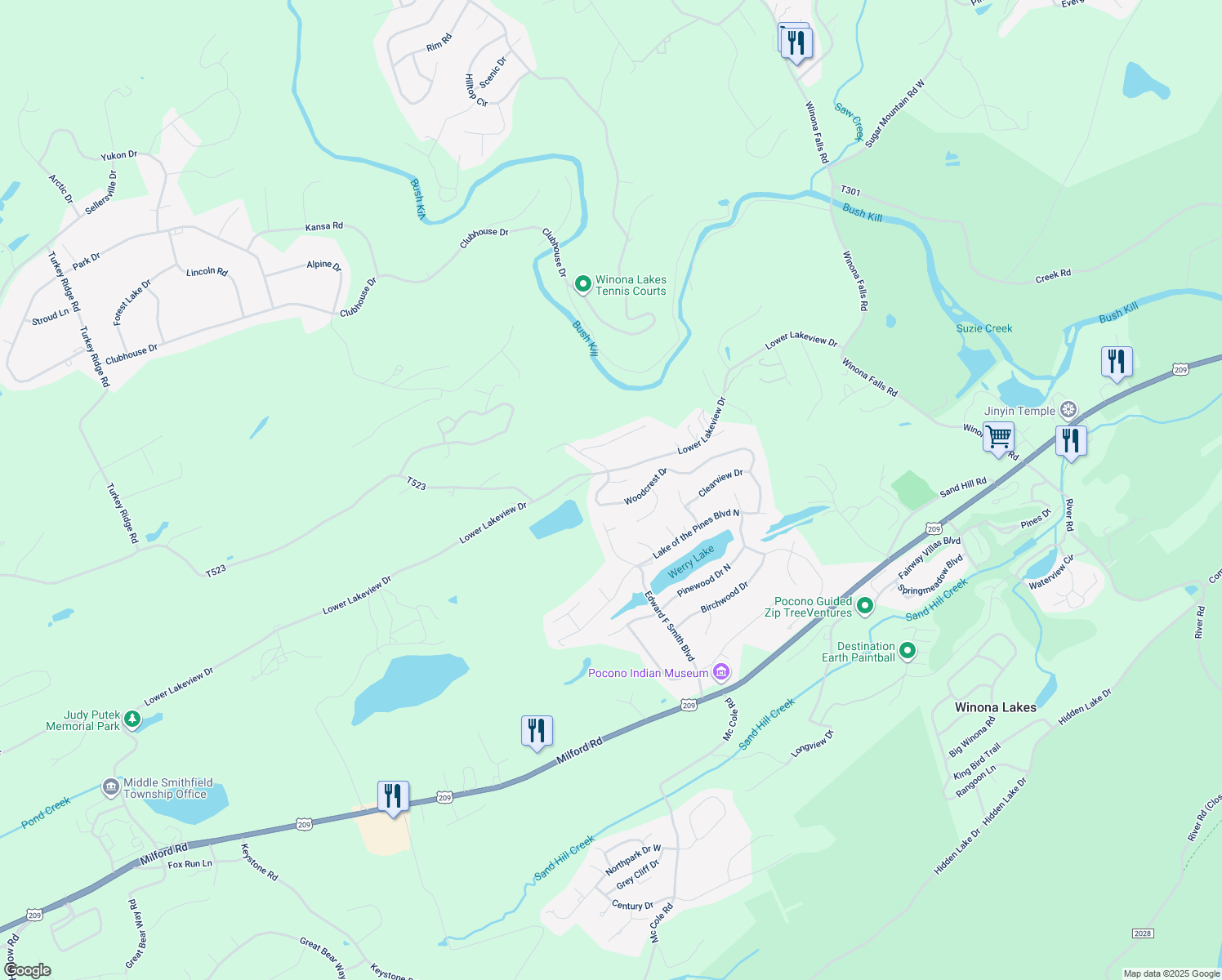 map of restaurants, bars, coffee shops, grocery stores, and more near 6102 Woodhaven Terrace in East Stroudsburg