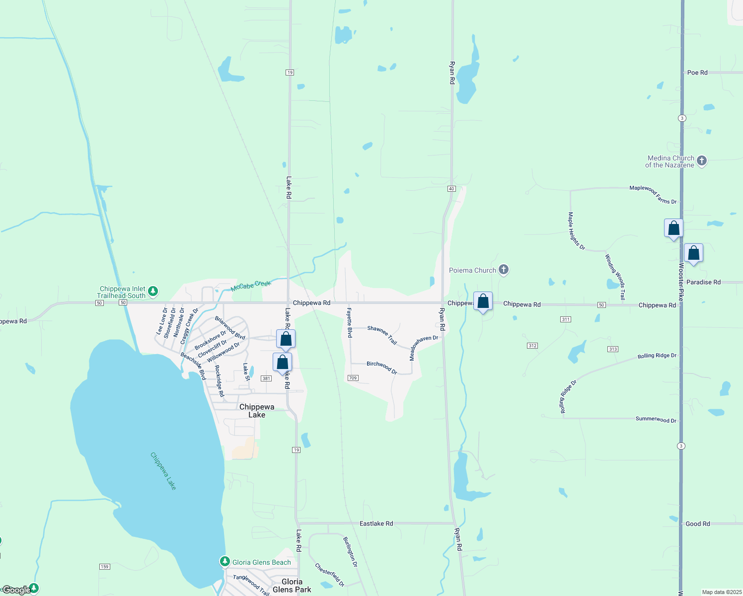 map of restaurants, bars, coffee shops, grocery stores, and more near 5599 Chippewa Road in Chippewa Lake