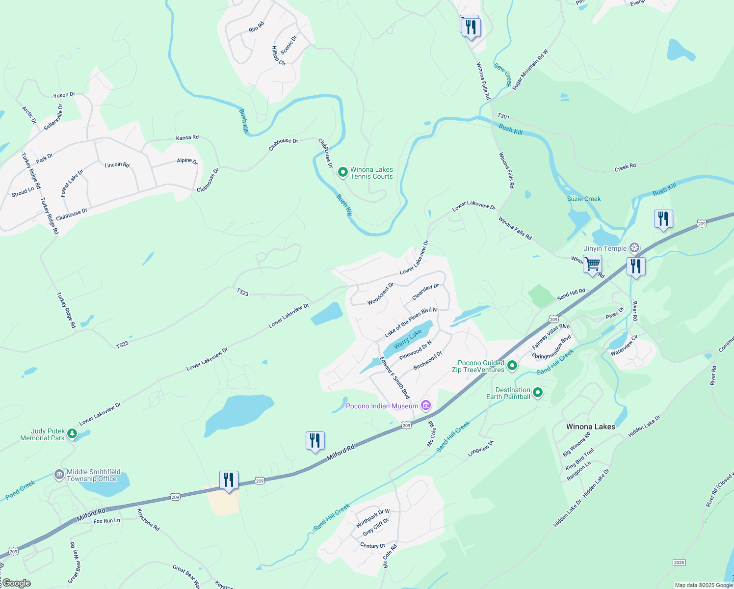 map of restaurants, bars, coffee shops, grocery stores, and more near Woodhaven Terrace in East Stroudsburg