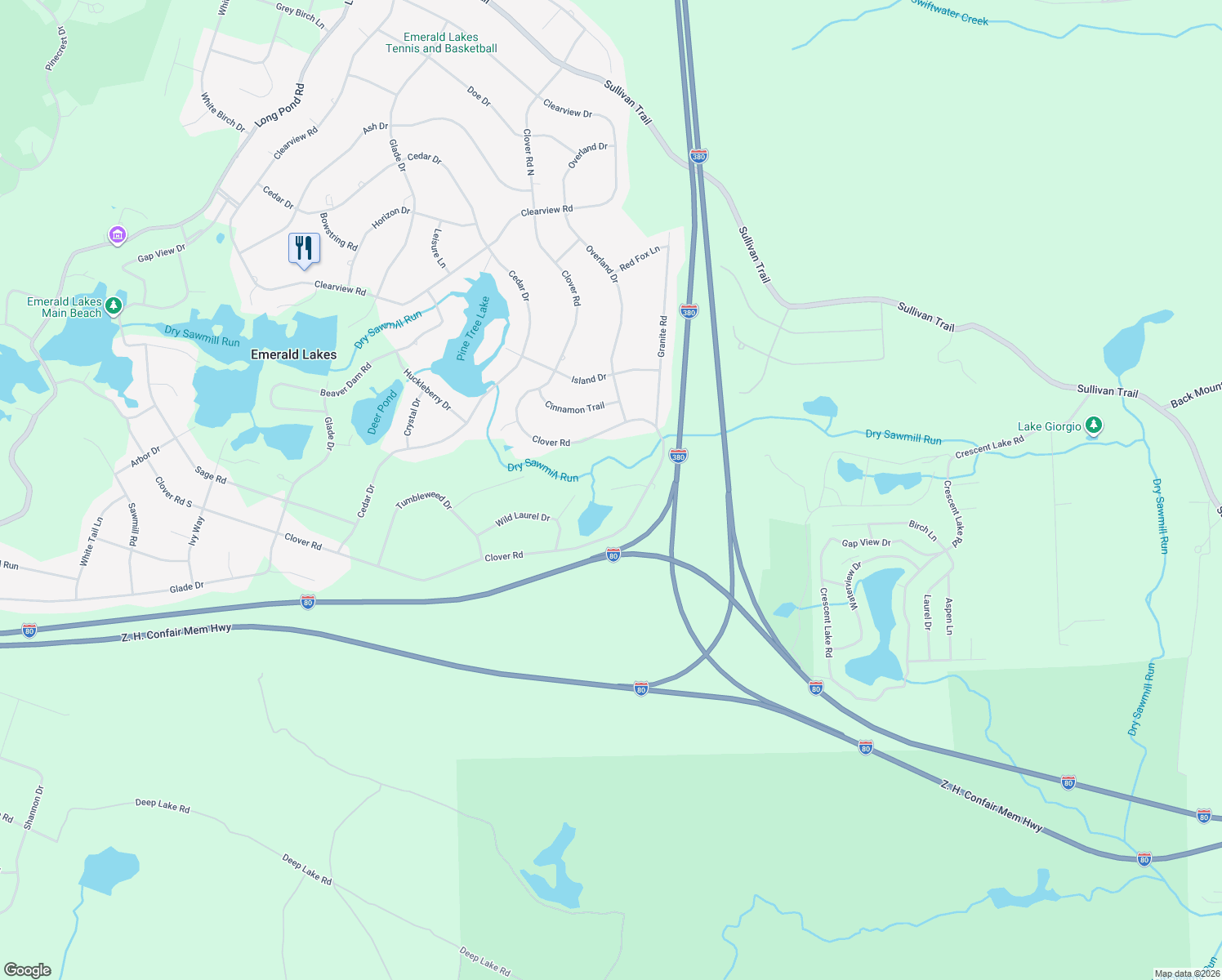 map of restaurants, bars, coffee shops, grocery stores, and more near 5816 South Clover Court in Long Pond