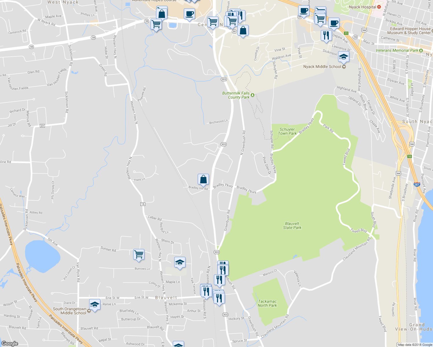 map of restaurants, bars, coffee shops, grocery stores, and more near 613 New York 303 in Blauvelt