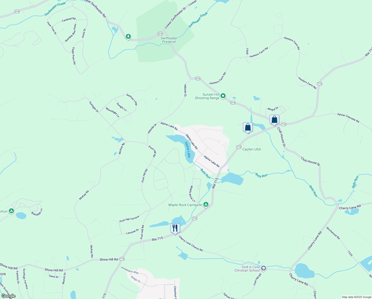 map of restaurants, bars, coffee shops, grocery stores, and more near 95 Alpine Lake Dr in Monroe