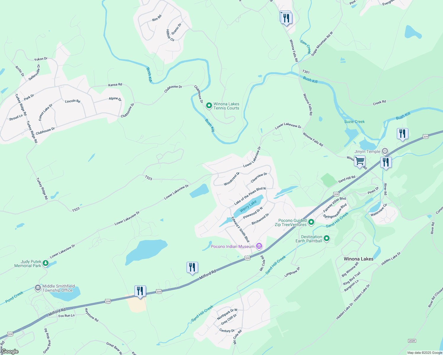 map of restaurants, bars, coffee shops, grocery stores, and more near Woodhaven Terrace in East Stroudsburg