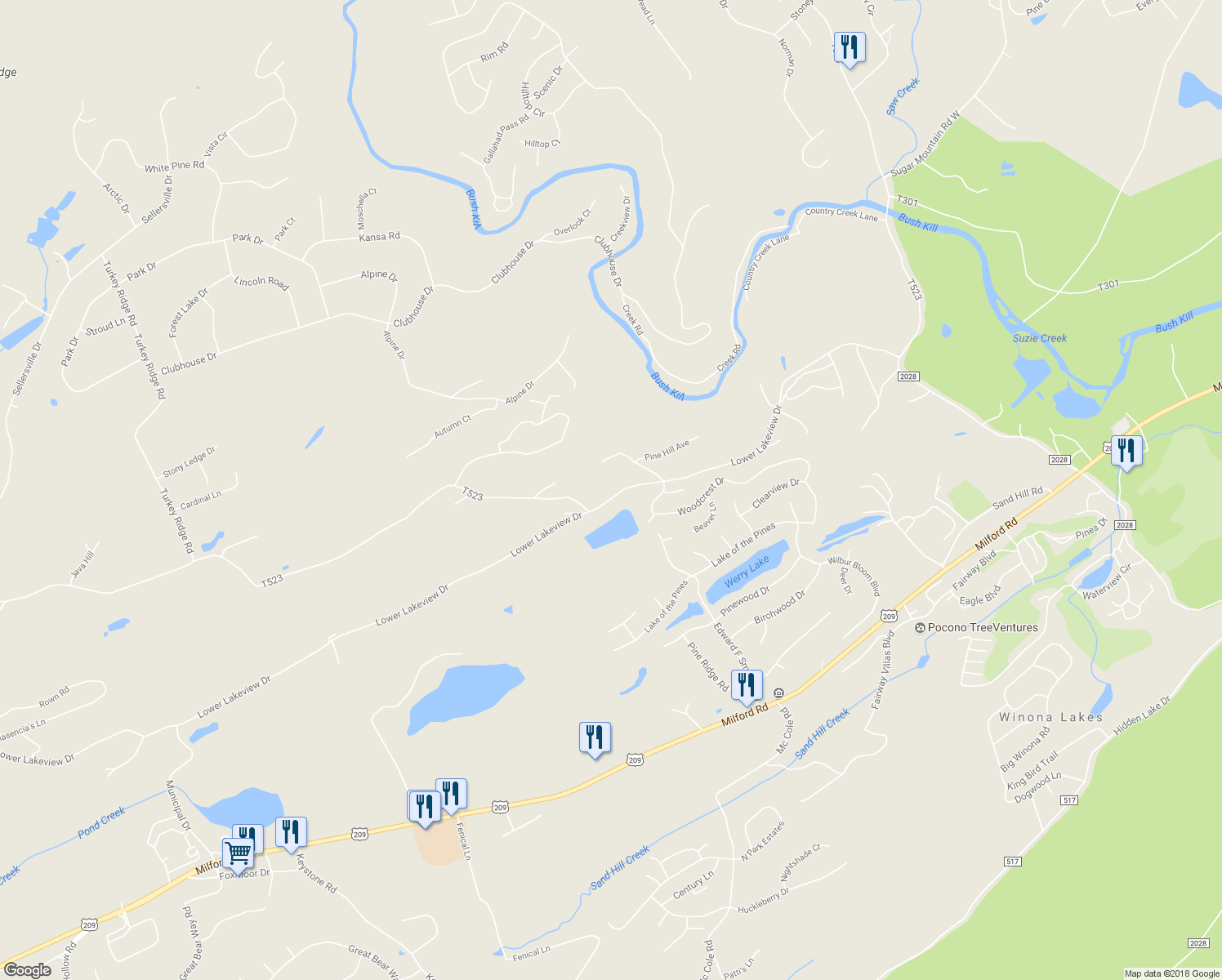 map of restaurants, bars, coffee shops, grocery stores, and more near 297 Lower Lakeview Drive in East Stroudsburg