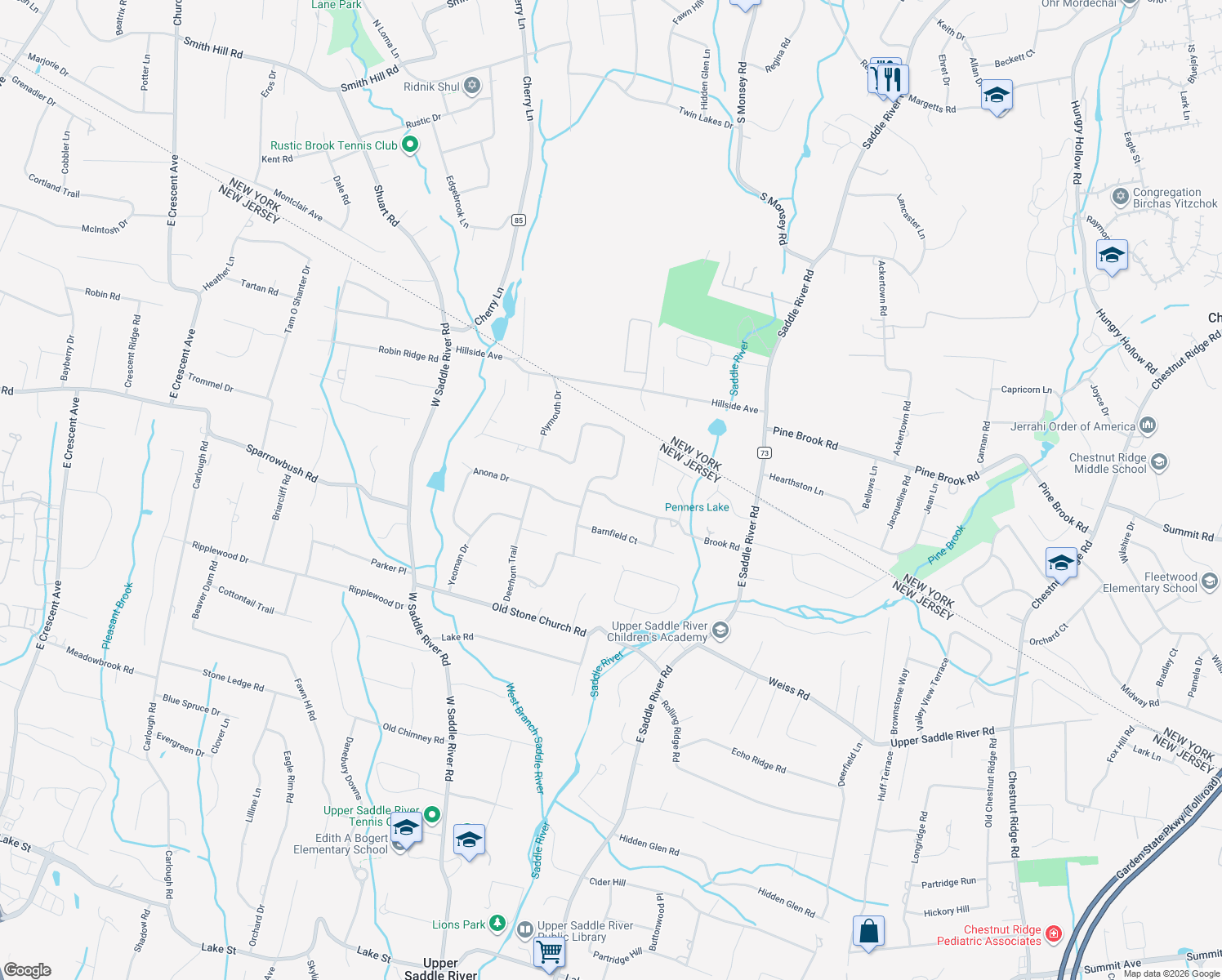 map of restaurants, bars, coffee shops, grocery stores, and more near 53 Brook Rd in Upper Saddle River