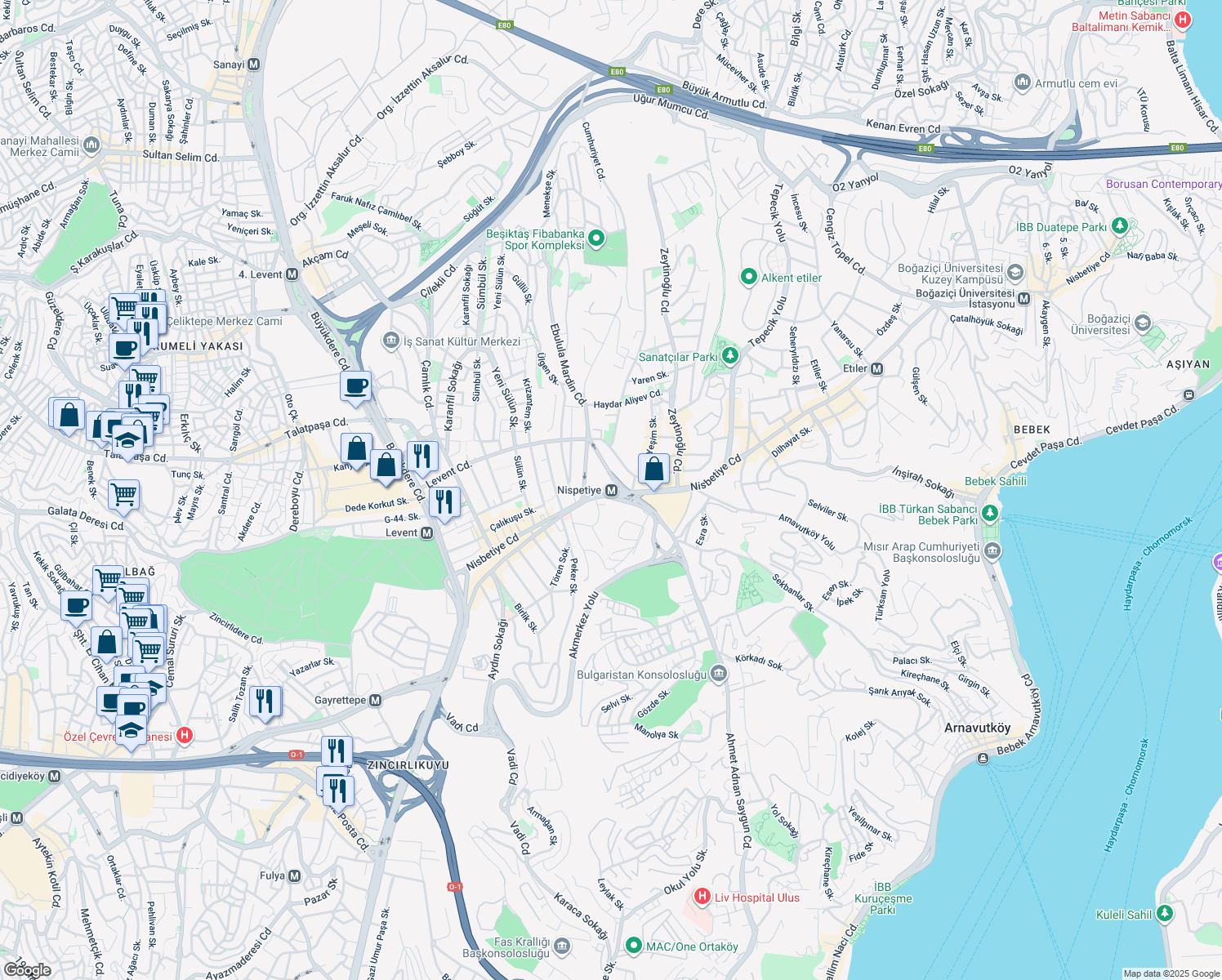 map of restaurants, bars, coffee shops, grocery stores, and more near Nisbetiye Cd in Beşiktaş