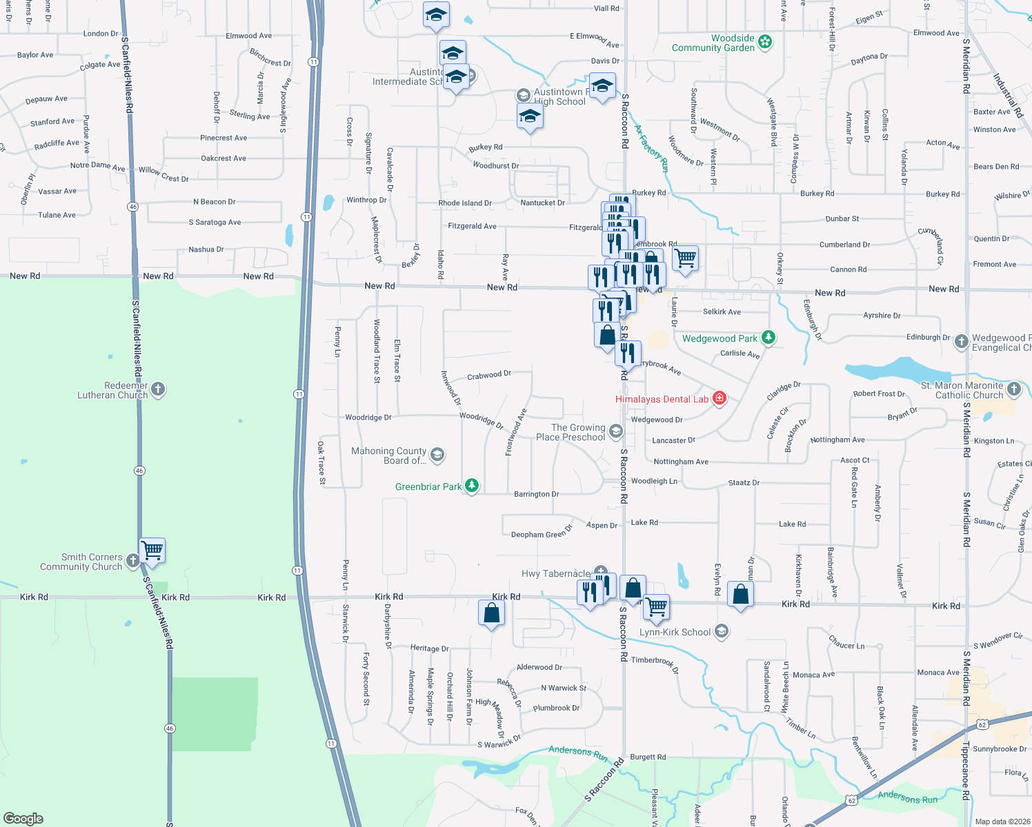 map of restaurants, bars, coffee shops, grocery stores, and more near 2262 Frostwood Ave in Youngstown